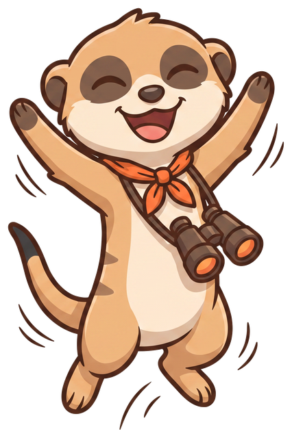 Scout the meerkat celebrating with arms raised