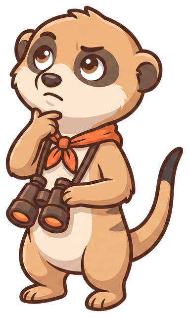 Scout the meerkat thinking hard, hand on chin